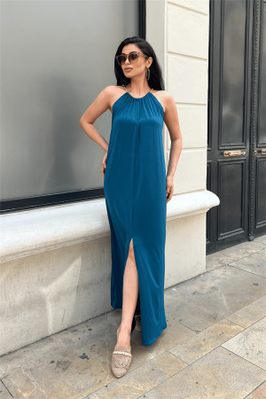 Tiril Jarse Kumaş Zincir Detaylı Elbise - İNDİGO - Angelino Moda