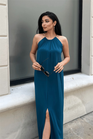 Tiril Jarse Kumaş Zincir Detaylı Elbise - İNDİGO - 3