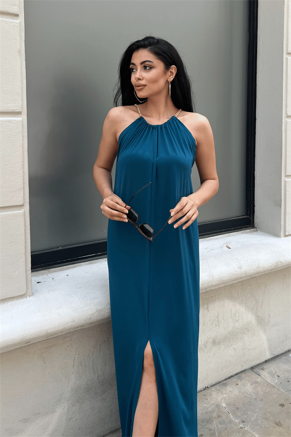 Tiril Jarse Kumaş Zincir Detaylı Elbise - İNDİGO - 3