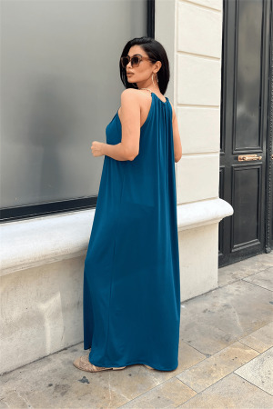 Tiril Jarse Kumaş Zincir Detaylı Elbise - İNDİGO - 5