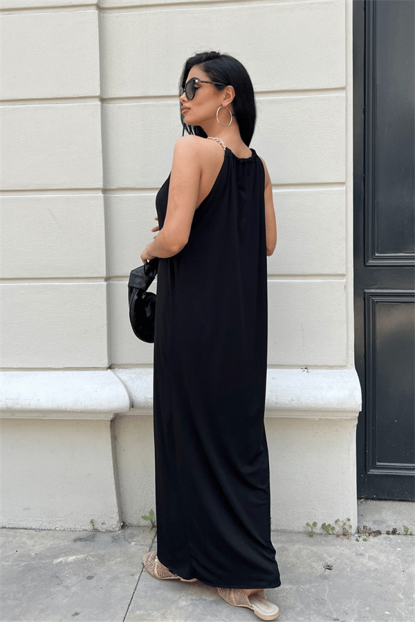 Tiril Jarse Kumaş Zincir Detaylı Elbise - SİYAH - 5