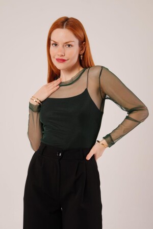 Transparan Yeşil Tül Basic Bluz - 1