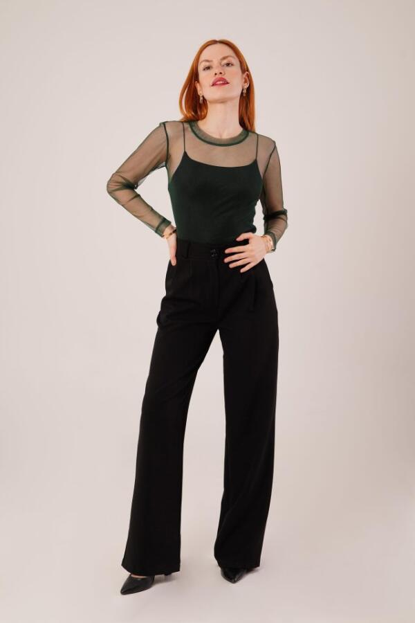 Transparan Yeşil Tül Basic Bluz - 3
