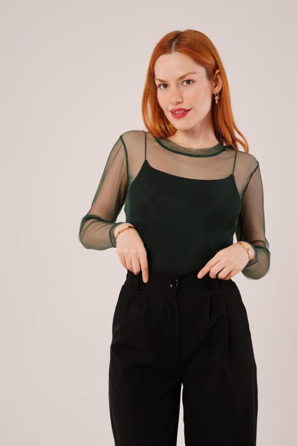 Transparan Yeşil Tül Basic Bluz - 4