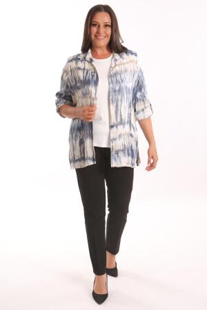 Trend42plus Büyük Beden Batik Desenli Simli Gömlek Bluz Lacivert Takım - 4