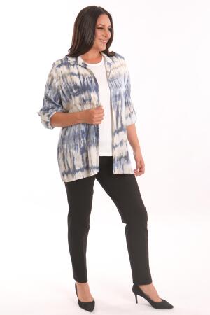 Trend42plus Büyük Beden Batik Desenli Simli Gömlek Bluz Lacivert Takım - 5