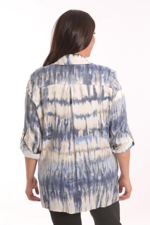 Trend42plus Büyük Beden Batik Desenli Simli Gömlek Bluz Lacivert Takım - 6