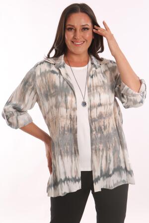 Trend42plus Büyük Beden Batik Desenli Simli Gömlek Bluz Pudra Takım - 3