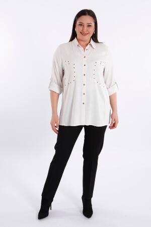 Büyük Beden Cebi Droplu Bej Gömlek - Angelino Moda