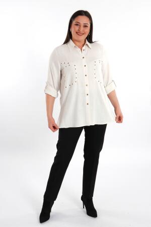 Büyük Beden Cebi Droplu Bej Gömlek - 3
