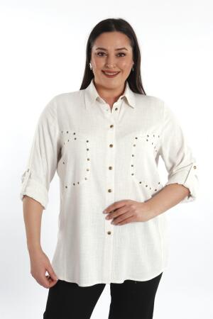 Büyük Beden Cebi Droplu Bej Gömlek - 4