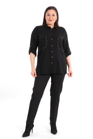 Büyük Beden Cebi Droplu Siyah Gömlek - 1