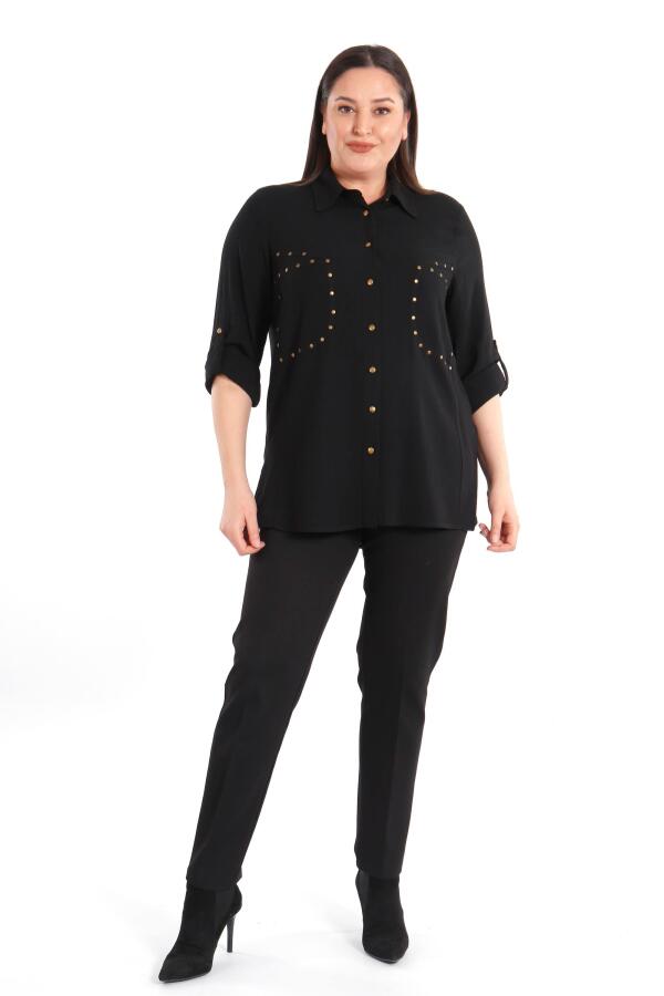Büyük Beden Cebi Droplu Siyah Gömlek - 1