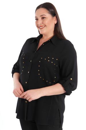 Büyük Beden Cebi Droplu Siyah Gömlek - 2