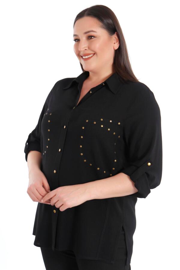 Büyük Beden Cebi Droplu Siyah Gömlek - 2