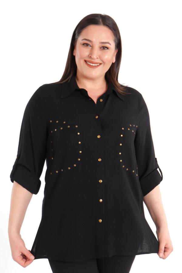 Büyük Beden Cebi Droplu Siyah Gömlek - 3