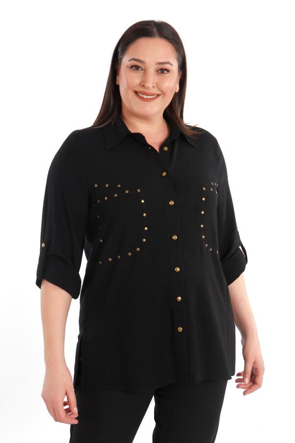 Büyük Beden Cebi Droplu Siyah Gömlek - 4