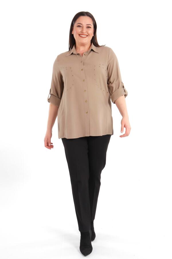 Büyük Beden Cebi Droplu Vizon Gömlek - 1