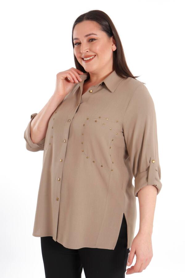Büyük Beden Cebi Droplu Vizon Gömlek - 2