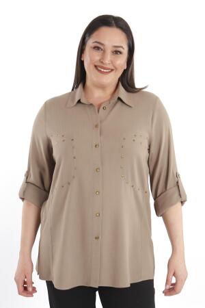 Büyük Beden Cebi Droplu Vizon Gömlek - 4