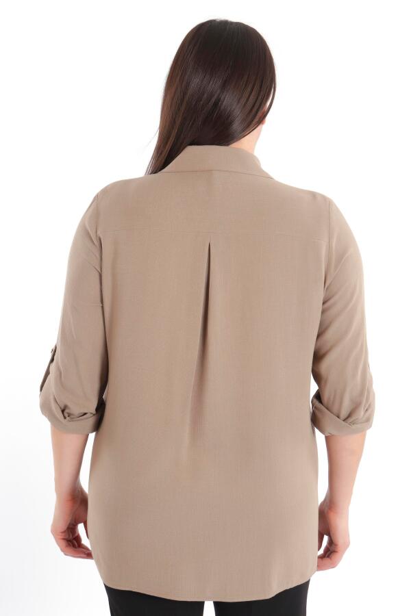 Büyük Beden Cebi Droplu Vizon Gömlek - 5