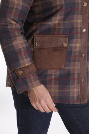 Trend42plus Büyük Beden Çıt Çıt Düğmeli Ekose Desenli Kahverengi Mont - 3