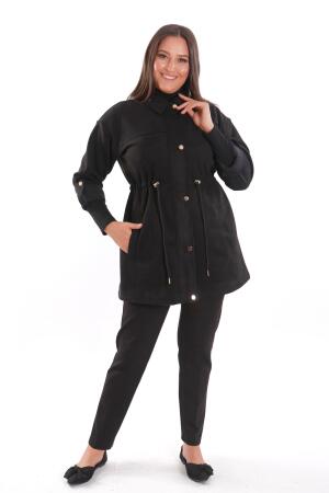 Büyük Beden Çıt Çıt Düğmeli Süet Siyah Trençkot - 5