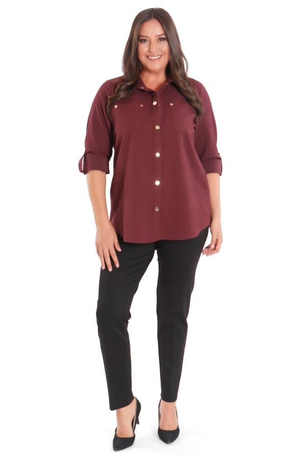 Trend42plus Büyük Beden Çıt Çıt Düğmeli ve Cep Detaylı Bordo Gömlek - 2