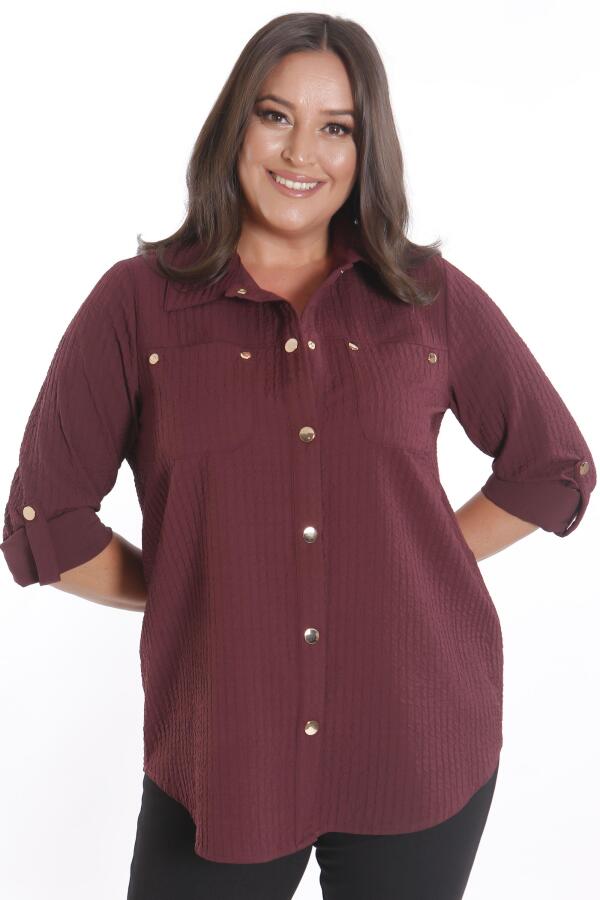 Trend42plus Büyük Beden Çıt Çıt Düğmeli ve Cep Detaylı Bordo Gömlek - 3