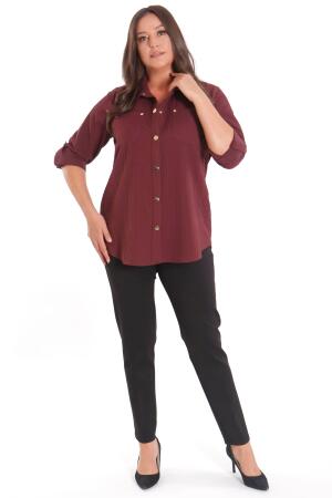 Trend42plus Büyük Beden Çıt Çıt Düğmeli ve Cep Detaylı Bordo Gömlek - 4