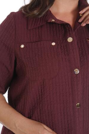 Trend42plus Büyük Beden Çıt Çıt Düğmeli ve Cep Detaylı Bordo Gömlek - 5