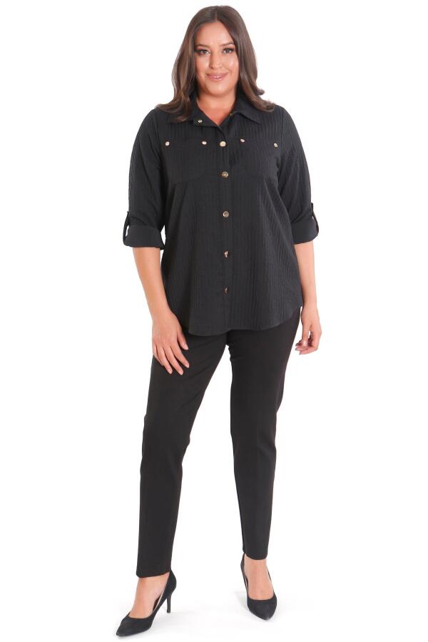 Trend42plus Büyük Beden Çıt Çıt Düğmeli ve Cep Detaylı Siyah Gömlek - 4