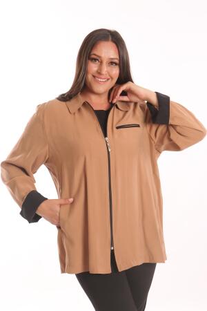 Trend42plus Büyük Beden Fermuarlı Büyük Beden Camel Trençkot - 5