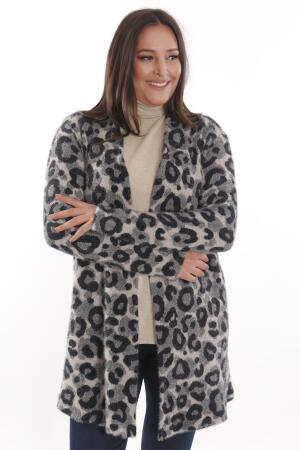 Trend42plus Büyük Beden Gri Leopar Desenli Hırka - 1