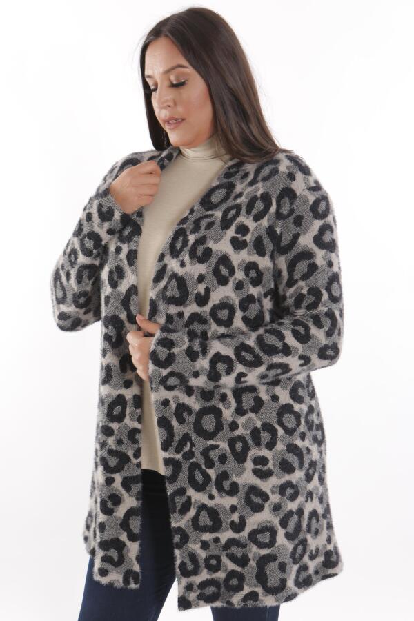 Trend42plus Büyük Beden Gri Leopar Desenli Hırka - 3