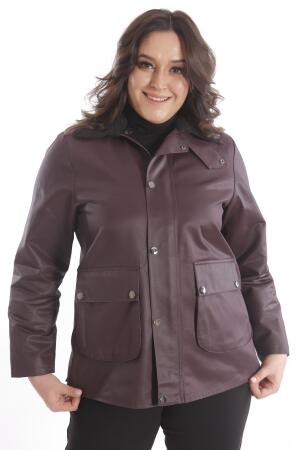 Trend42plus Büyük Beden Kadife Yakalı Çıt Çıt Düğme Detaylı Bordo Kaban - Metpoint