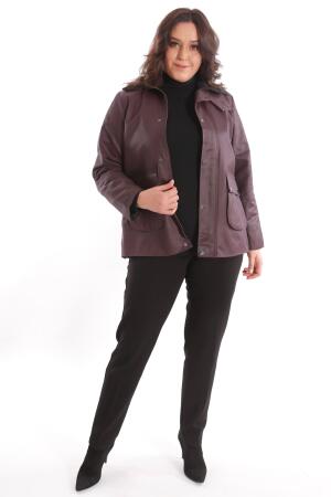 Trend42plus Büyük Beden Kadife Yakalı Çıt Çıt Düğme Detaylı Bordo Kaban - 4