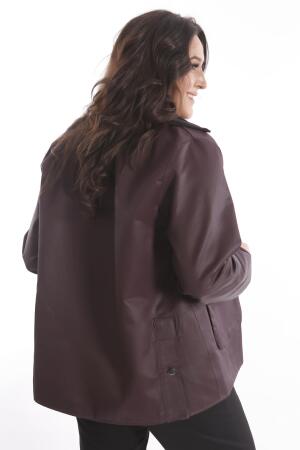 Trend42plus Büyük Beden Kadife Yakalı Çıt Çıt Düğme Detaylı Bordo Kaban - 7