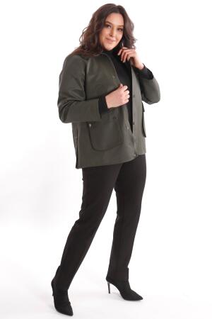 Trend42plus Büyük Beden Kadife Yakalı Çıt Çıt Düğme Detaylı Haki Kaban - 4