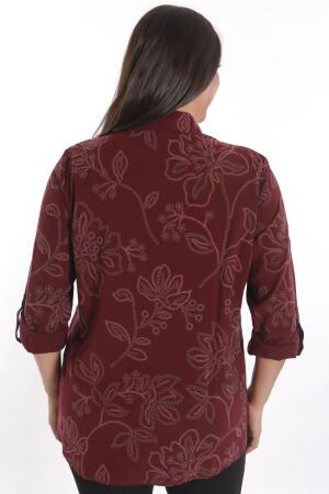 Trend42plus Büyük Beden Kendinden Desenli Bordo Gömlek - 6