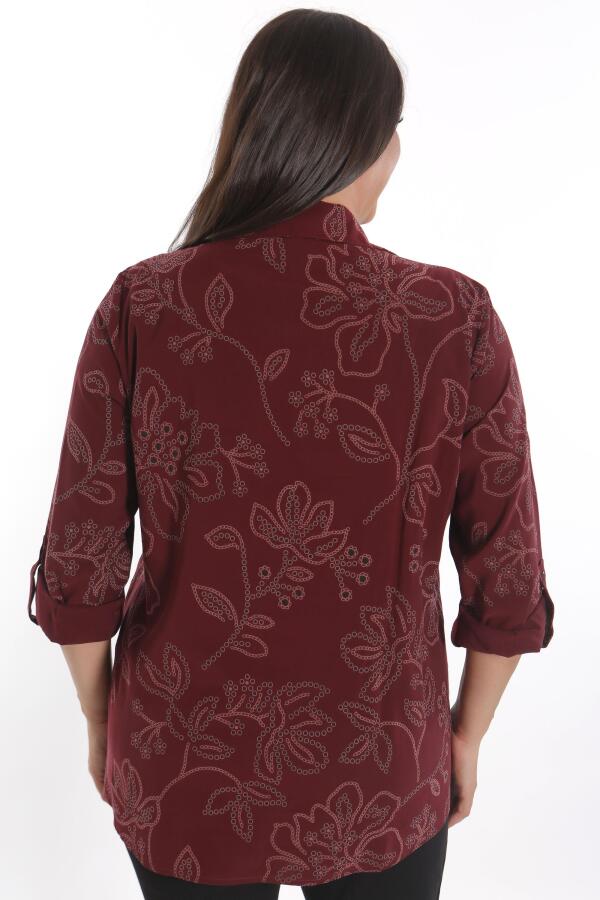 Trend42plus Büyük Beden Kendinden Desenli Bordo Gömlek - 6