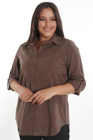 Trend42plus Büyük Beden Kendinden Desenli Kahverengi Gömlek - 3