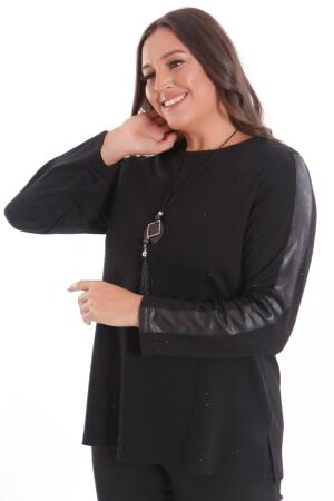 Trend42plus Büyük Beden Kolu Deri Şerit Detaylı Kendinden Taşlı Siyah Bluz - 5