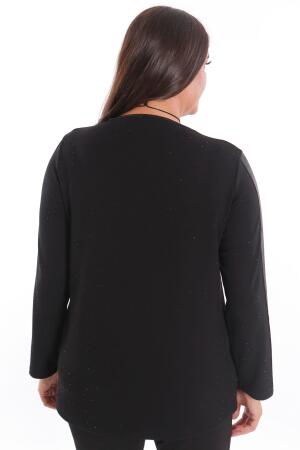 Trend42plus Büyük Beden Kolu Deri Şerit Detaylı Kendinden Taşlı Siyah Bluz - 6