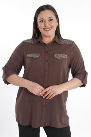 Angelino Büyük Beden Taş Baskılı Kahverengi Dokuma Gömlek - Angelino Moda (1)