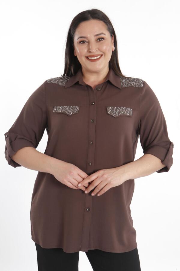 Angelino Büyük Beden Taş Baskılı Kahverengi Dokuma Gömlek - 2