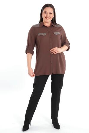 Angelino Büyük Beden Taş Baskılı Kahverengi Dokuma Gömlek - 3