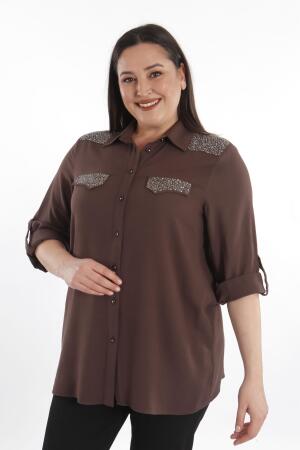 Angelino Büyük Beden Taş Baskılı Kahverengi Dokuma Gömlek - 4