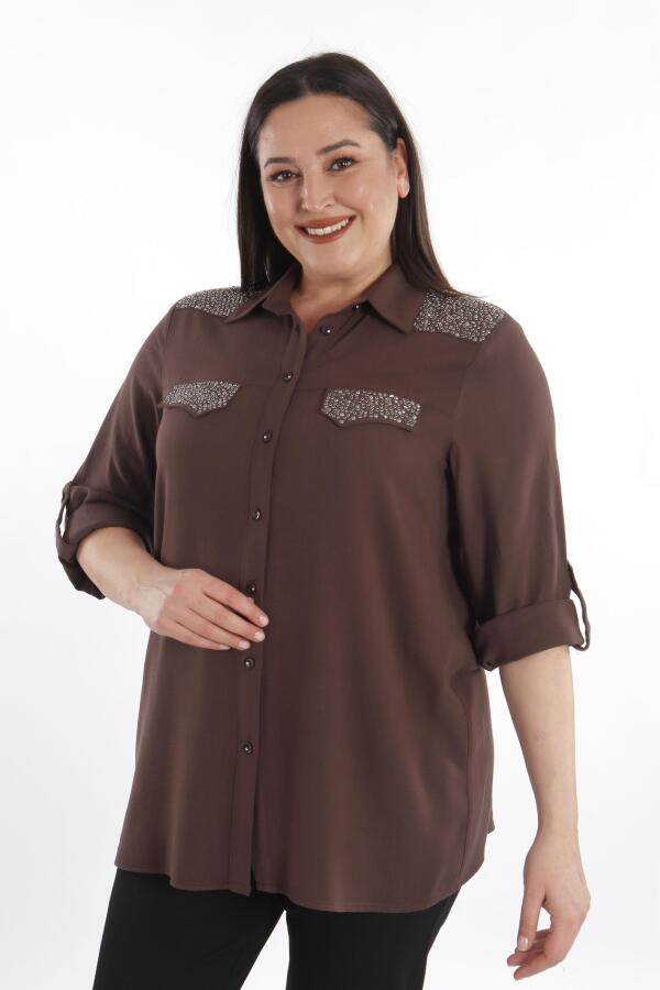 Angelino Büyük Beden Taş Baskılı Kahverengi Dokuma Gömlek - 4