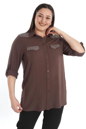 Angelino Büyük Beden Taş Baskılı Kahverengi Dokuma Gömlek - 5